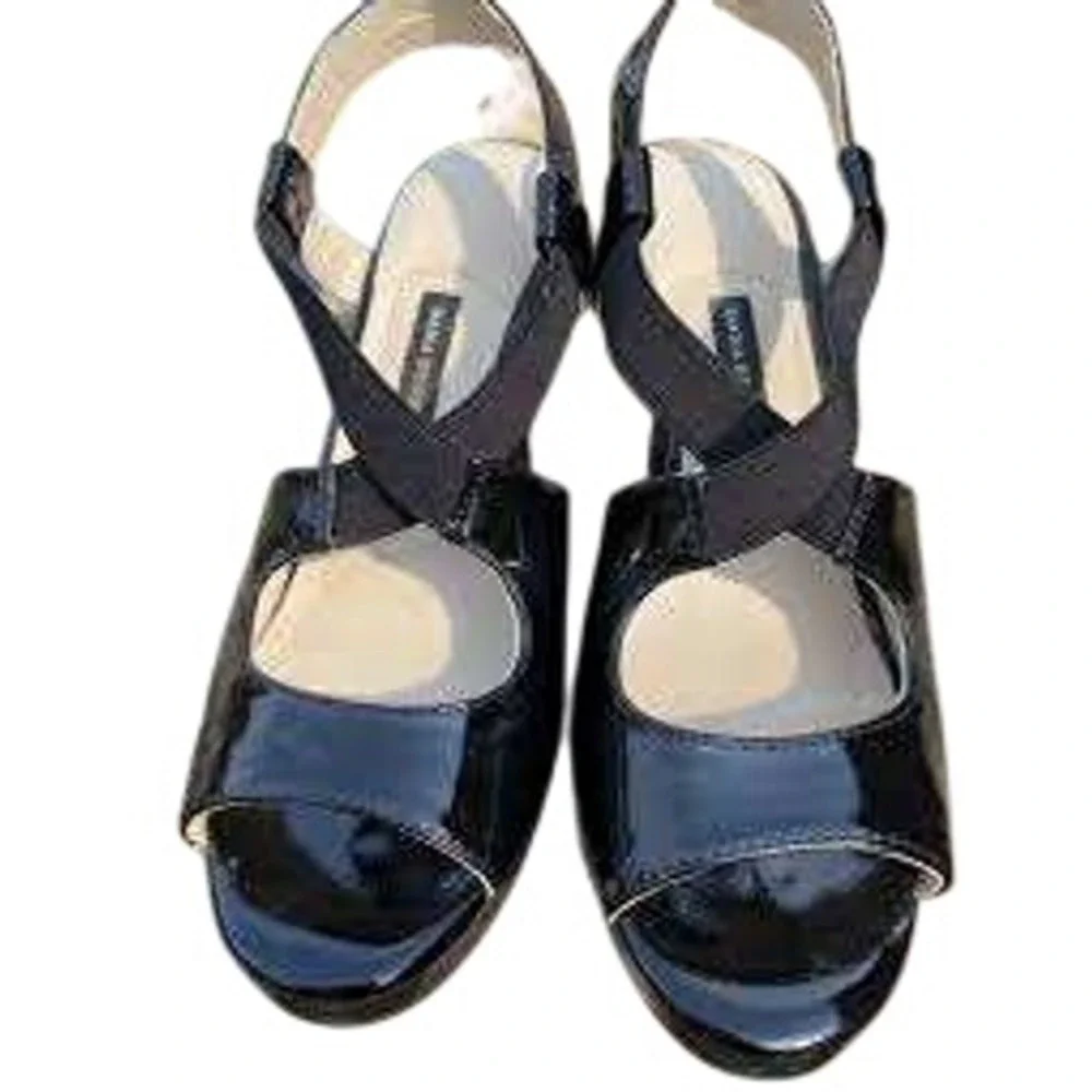 Dana Buchman Black Patent Peep Toe Wedge Sandals Elastic Slingback Shoes